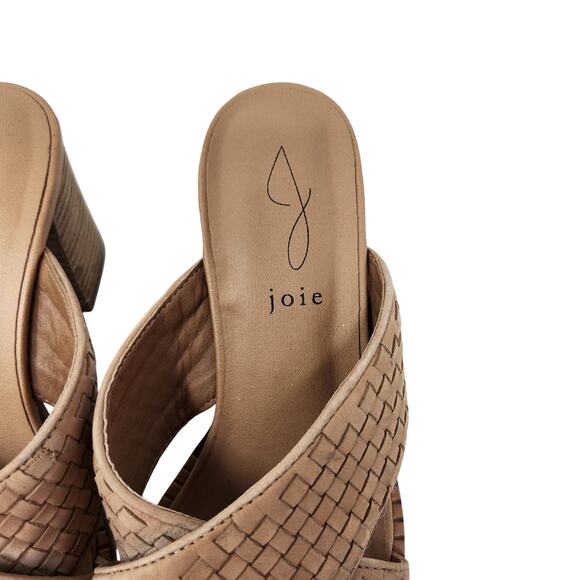 Joie Tan Criss Cross Woven Leather Peep Toe Block Heels Slip On Sandals Size 8 - Picture 5 of 10